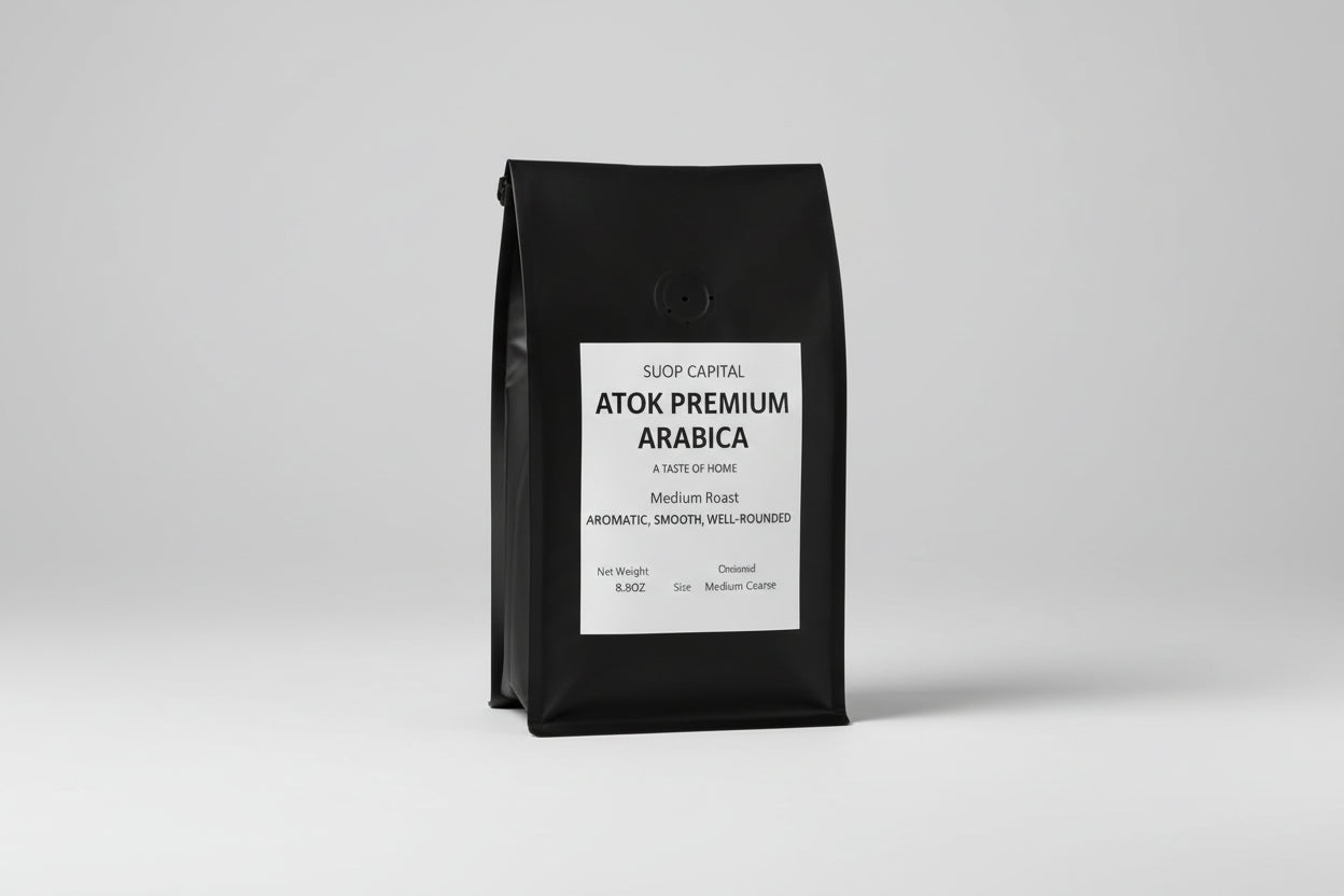 Coffee bag with branding and product details on a white background