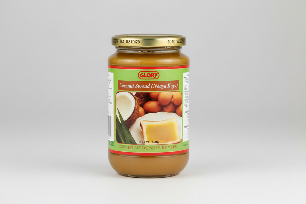 Jar of coconut spread with a visible brand label on a white background