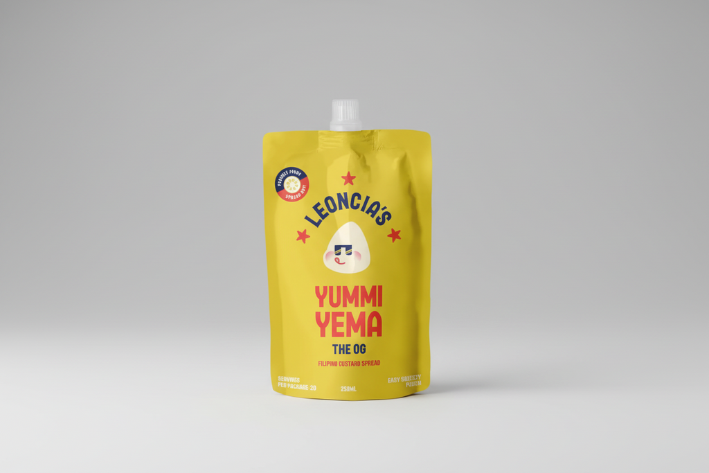 Yellow packaging of Leoncias Yummi Yema on a white background