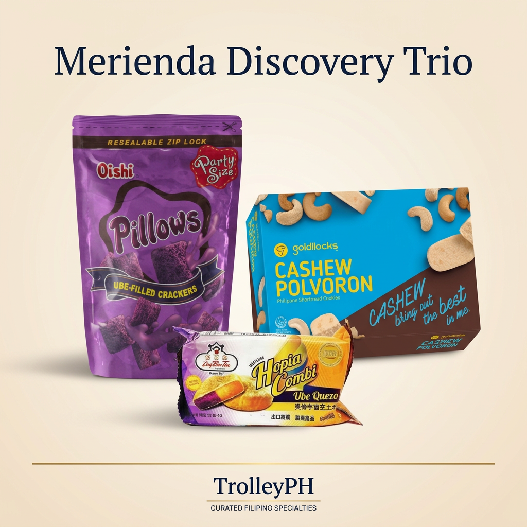 TrolleyPH Merienda Discovery Trio showing Eng Bee Tin Hopia Ube Quezo, Oishi Pillows Ube and Goldilocks Cashew Polvoron