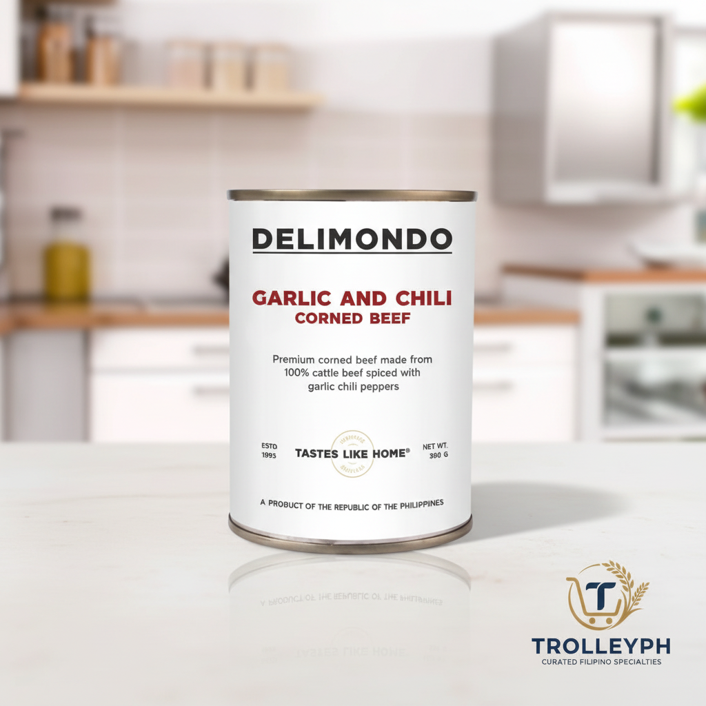 Delimondo Garlic and Chili Corned Beef 380g white can with the TrolleyPH logo