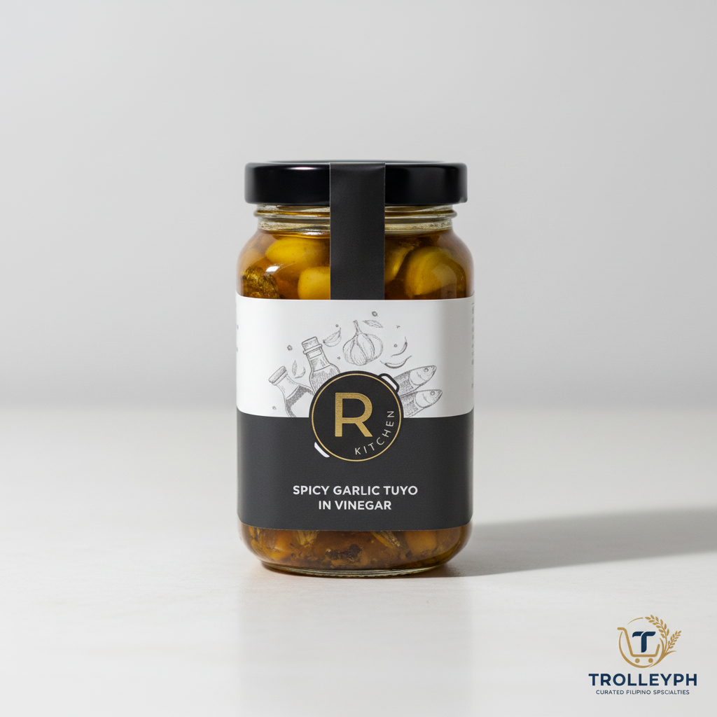 R Kitchen Spicy Garlic Tuyo in Vinegar 250g glass jar with the TrolleyPH logo
