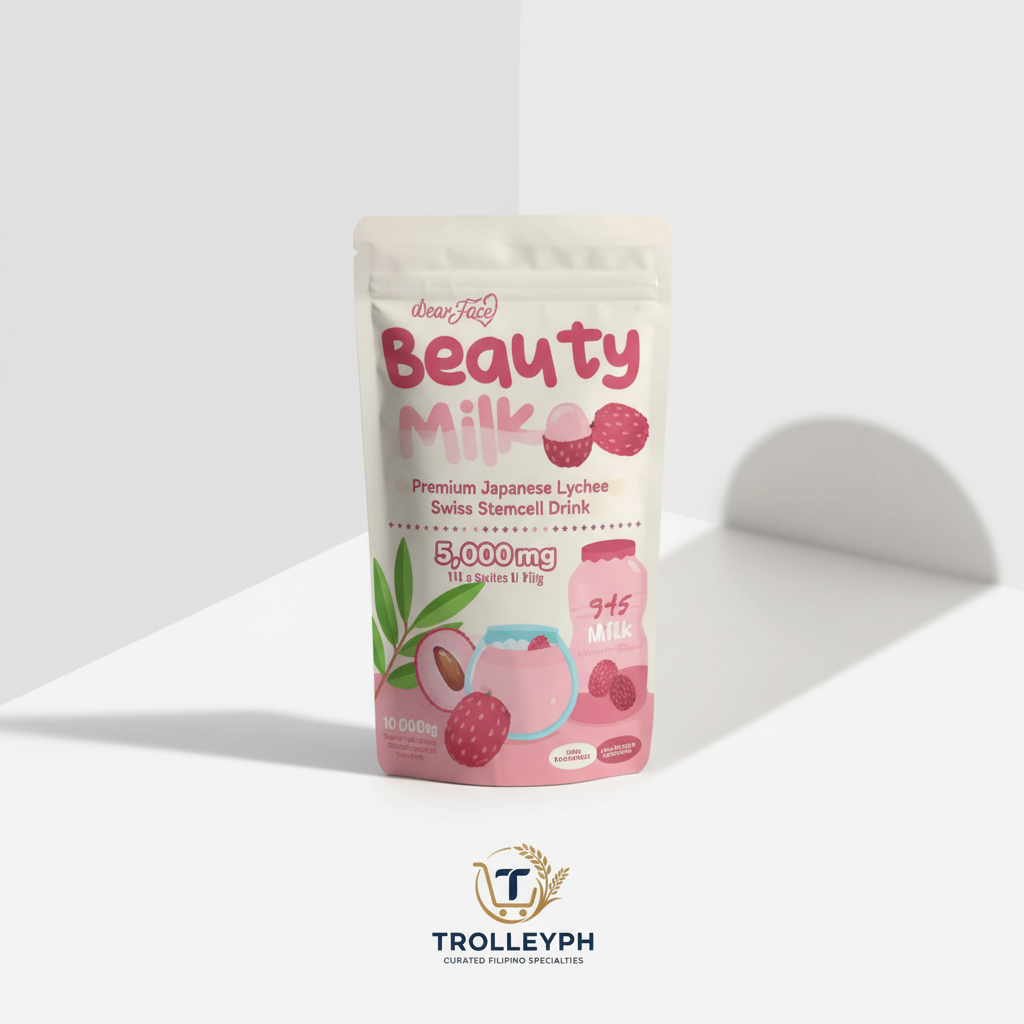 Dear Face Beauty Milk Premium Japanese Lychee 18g x 10 sachets pink pack with the TrolleyPH logo below