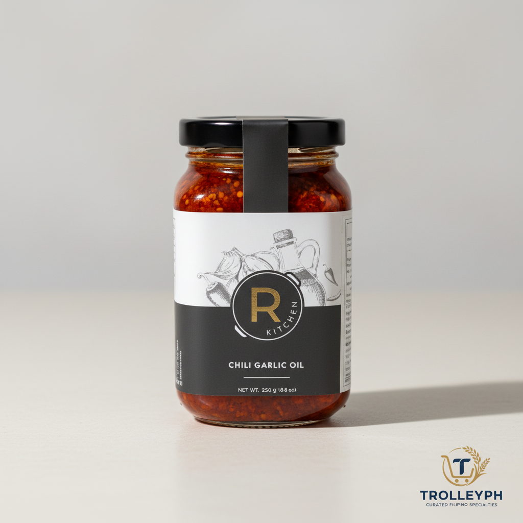 R Kitchen Chili Garlic Oil 250g glass jar with the TrolleyPH logo