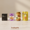 JC Barley Coffee Black box, hopia ube box, Glory Coconut Spread Kaya jar and Leoncia's Yema pouch with TrolleyPH branding