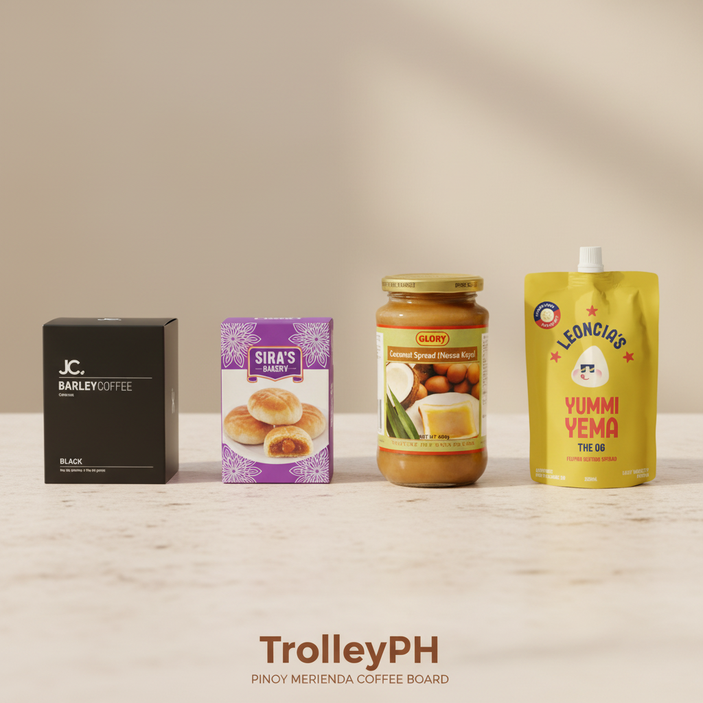 JC Barley Coffee Black box, hopia ube box, Glory Coconut Spread Kaya jar and Leoncia's Yema pouch with TrolleyPH branding