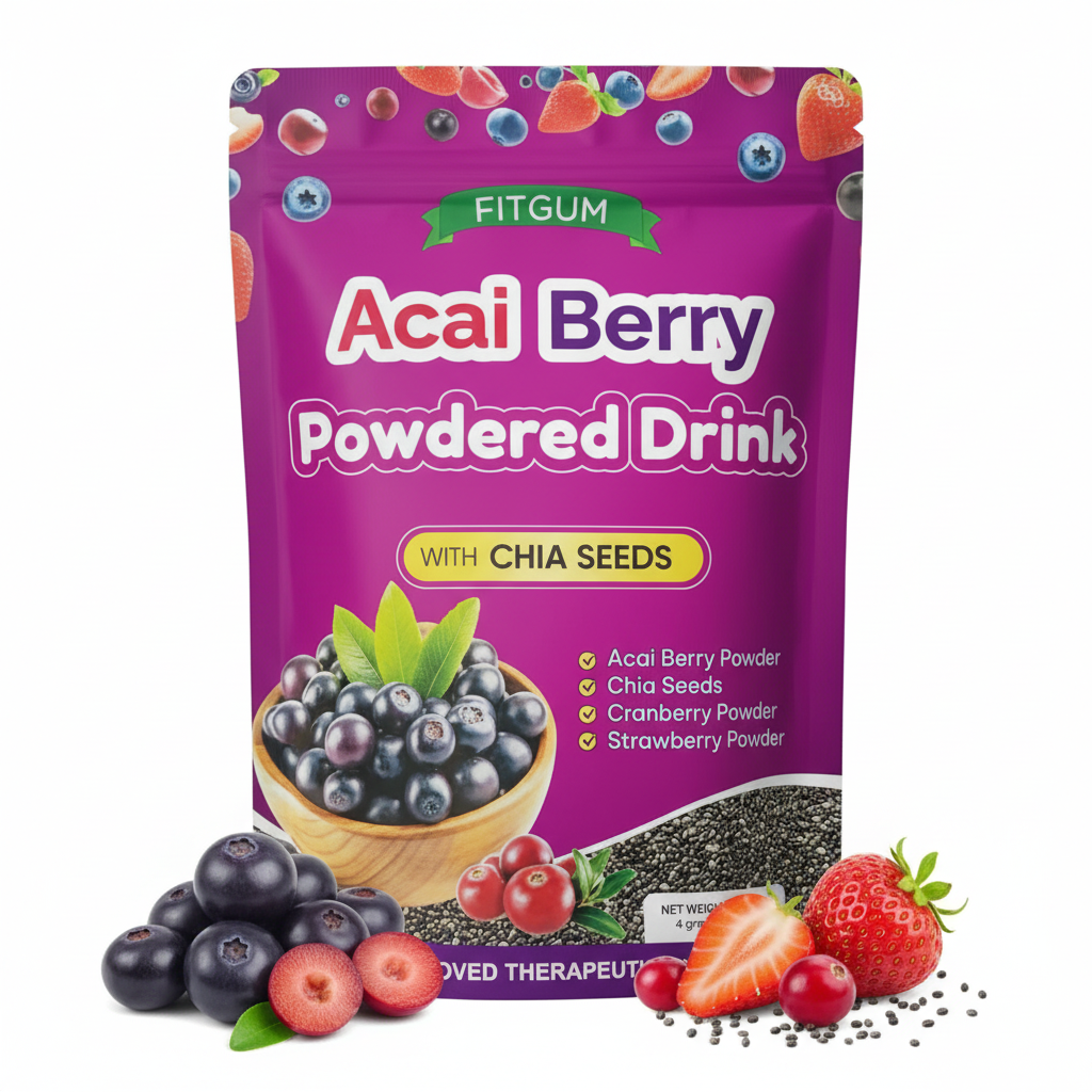 FitGum Acai Berry Powdered Drink with Chia Seeds premium product packaging