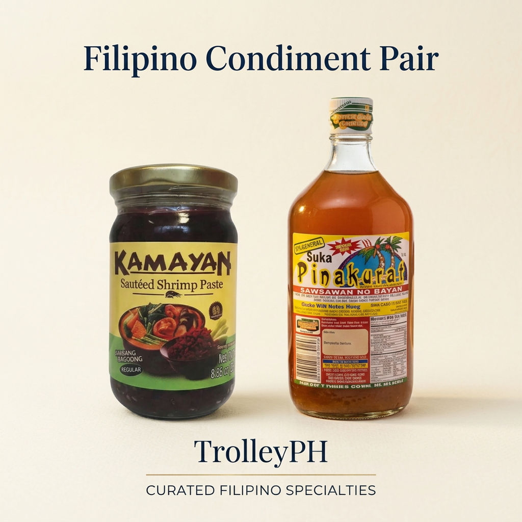 TrolleyPH Filipino Condiment Pair with Kamayan Sautéed Shrimp Paste Regular and Suka Pinakurat Spiced Coconut Vinegar on an ivory background