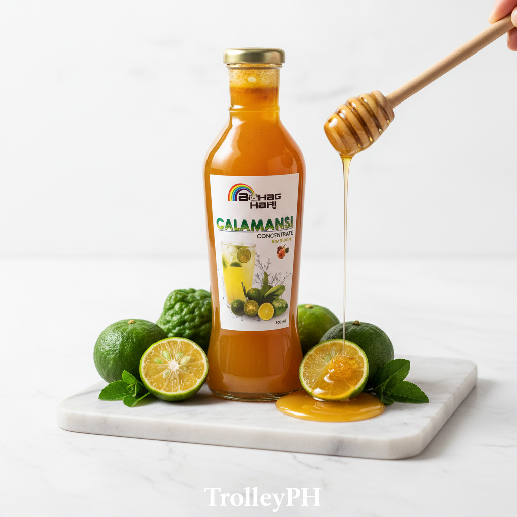 Bahaghari Calamansi Concentrate with Honey 500ml premium styled product photo with TrolleyPH branding