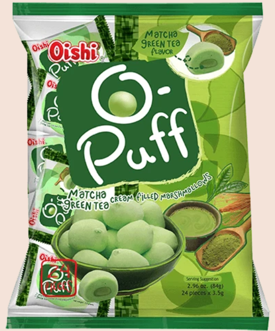 Oishi O-Puff Matcha Green Tea Cream Filled Marshmallows 84g