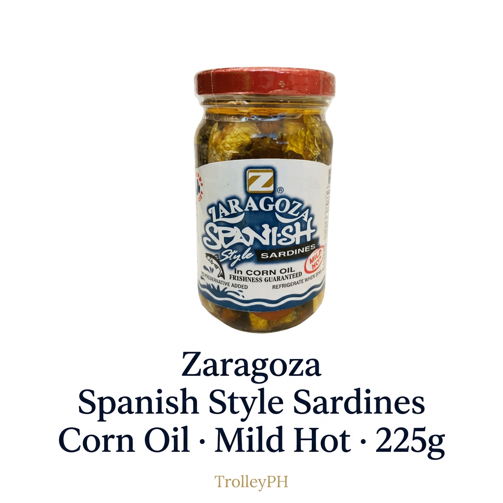 Zaragoza Spanish Style Sardines in Corn Oil Mild Hot 225g, with product name and TrolleyPH branding beneath the jar.