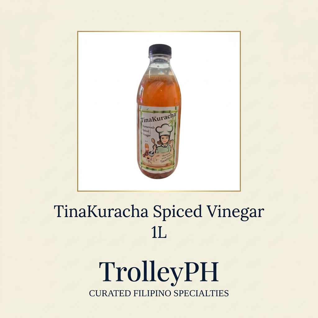 TinaKuracha Spiced Vinegar 1L bottle with TrolleyPH branding below on an ivory background