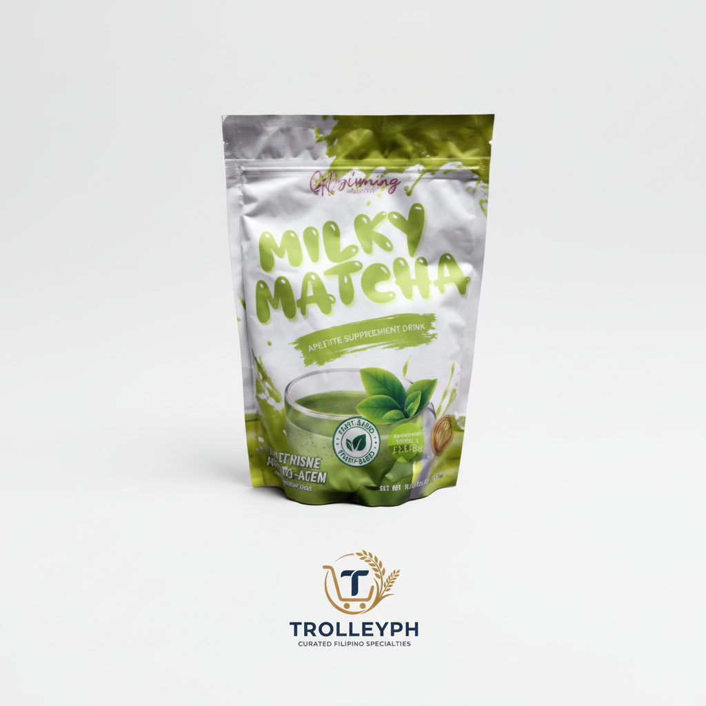 Glowming Milky Matcha 200g silver and green pouch with the TrolleyPH logo below