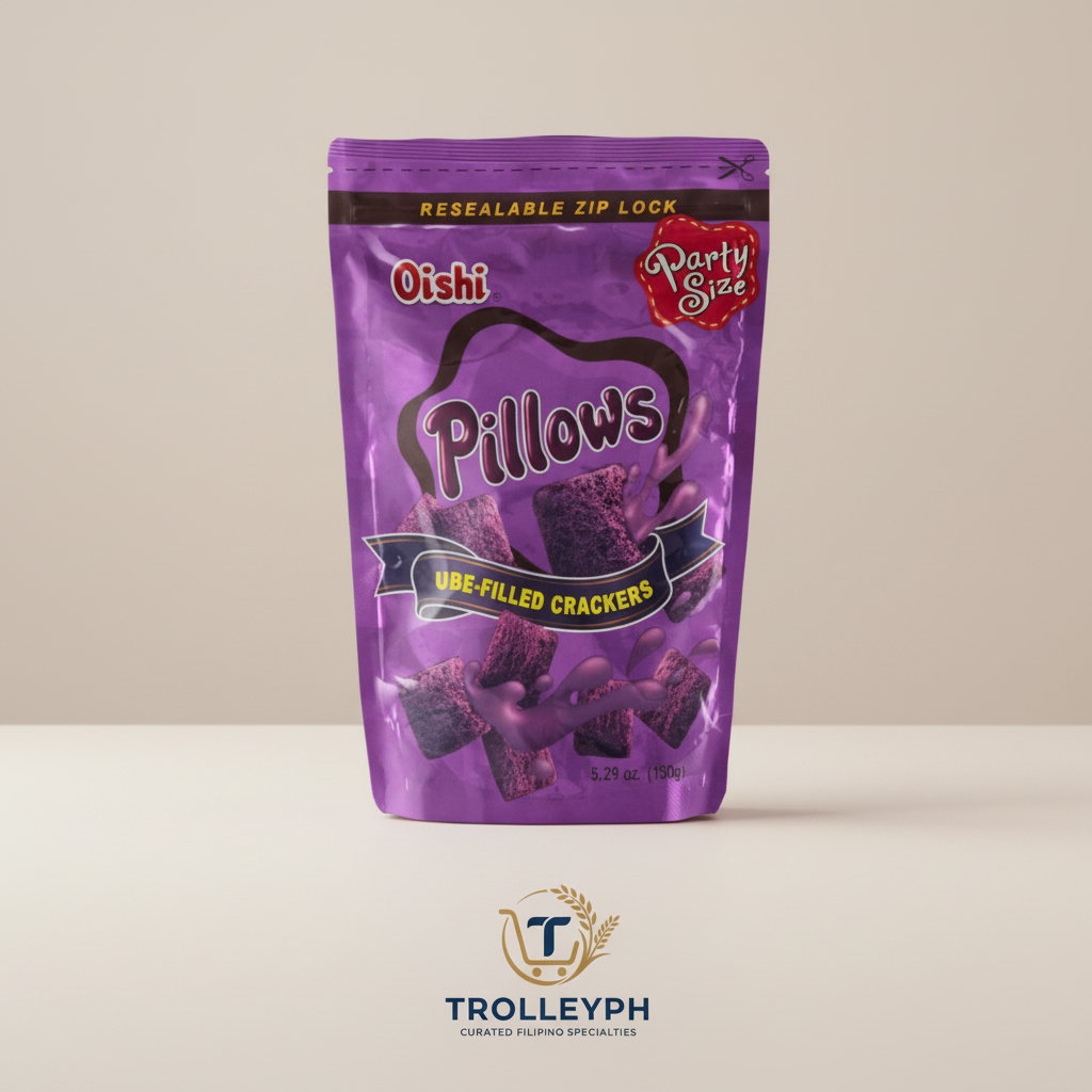 Oishi Pillows Ube-Filled Crackers party size 150g purple pouch with the TrolleyPH logo beneath