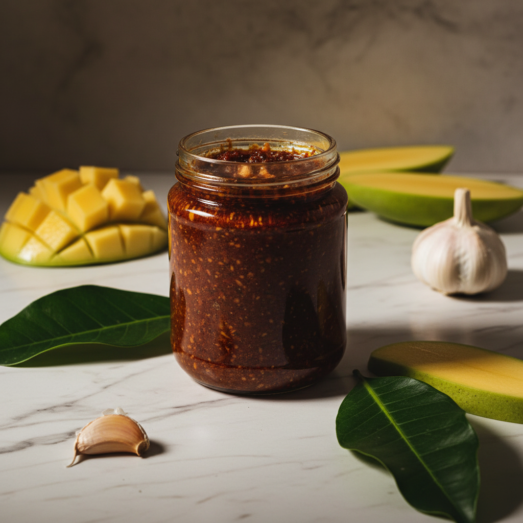 Buenas Gourmet Bagoong sauteed shrimp paste with garlic jar styled with green mango and garlic on marble surface
