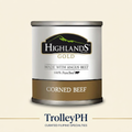 Highlands Gold Angus Corned Beef can on an ivory background with TrolleyPH branding below