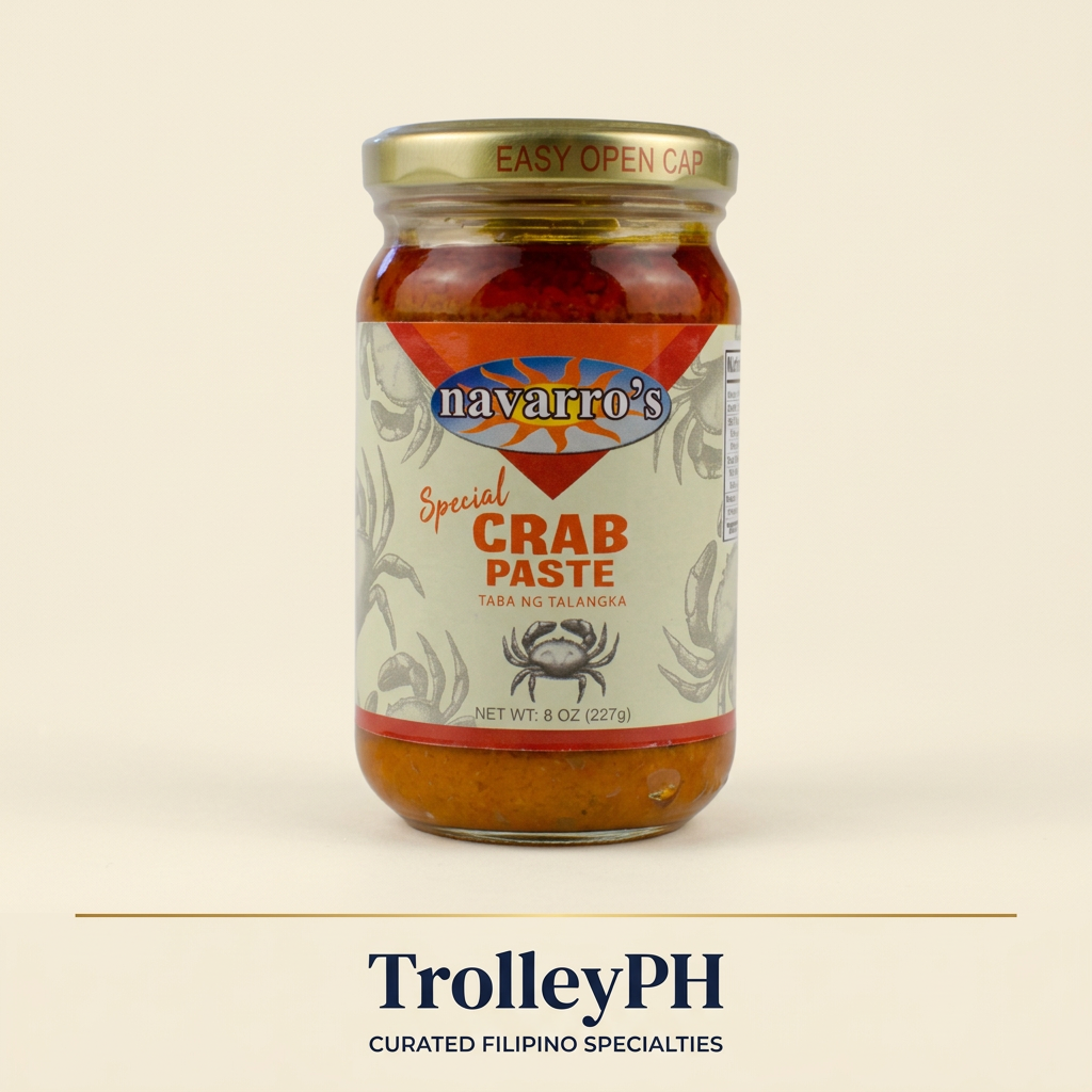Navarro’s Crab Paste 227g jar on an ivory background with TrolleyPH branding below