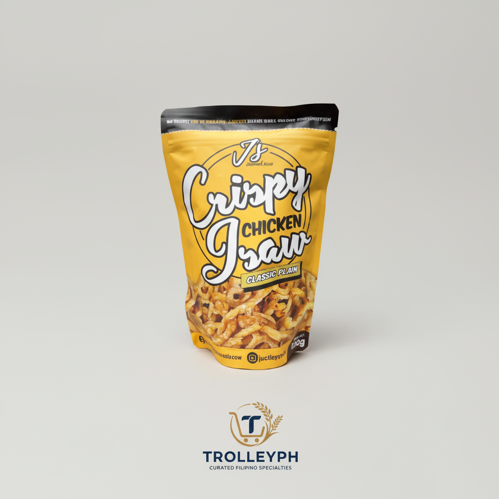 J'S Crispy Chicken Isaw Classic 100g golden pouch with the TrolleyPH logo beneath