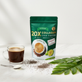FitGum Collagen Chia Coffee styled with chia seeds and coffee cup on marble surface