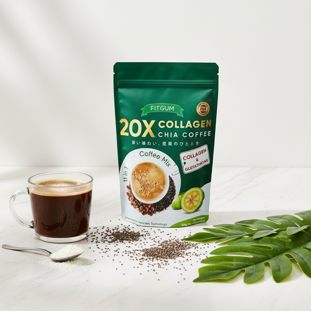 FitGum Collagen Chia Coffee styled with chia seeds and coffee cup on marble surface