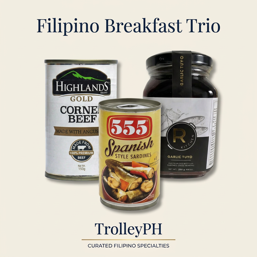 TrolleyPH Filipino Breakfast Trio with Highlands Angus Corned Beef 150g, 555 Spanish Style Sardines and R Kitchen Garlic Tuyo 250g