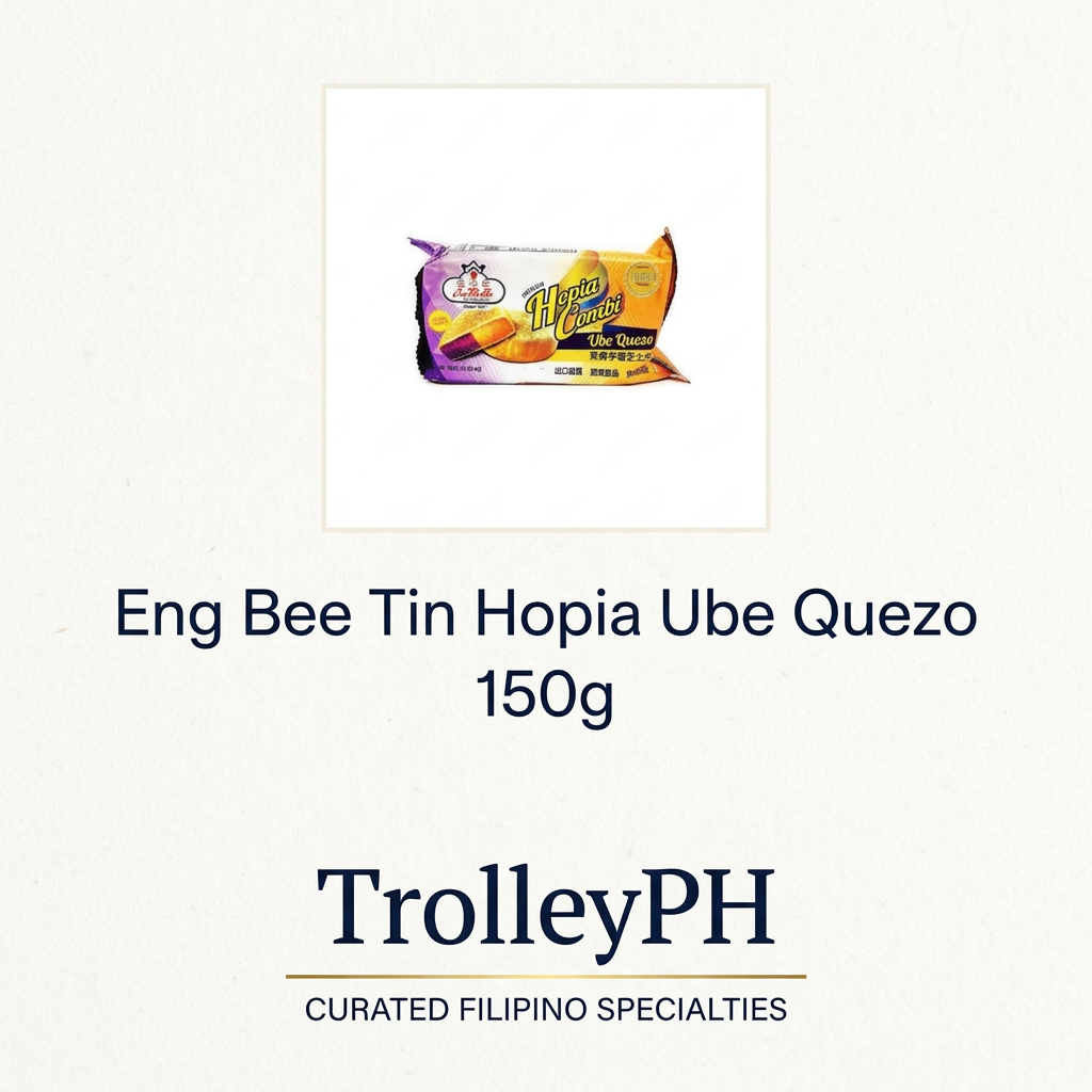 Eng Bee Tin Hopia Ube Quezo 150g product graphic with TrolleyPH branding below