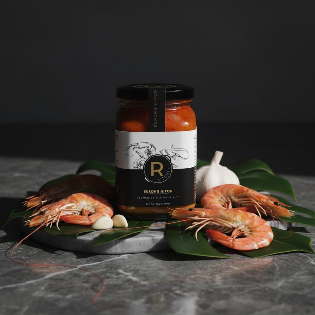 R Kitchen Burong Hipon fermented shrimp spread styled with fresh shrimp and tropical leaves on marble