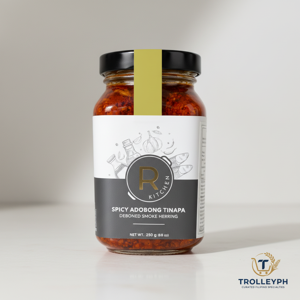 R Kitchen Spicy Adobong Tinapa 250g glass jar with the TrolleyPH logo