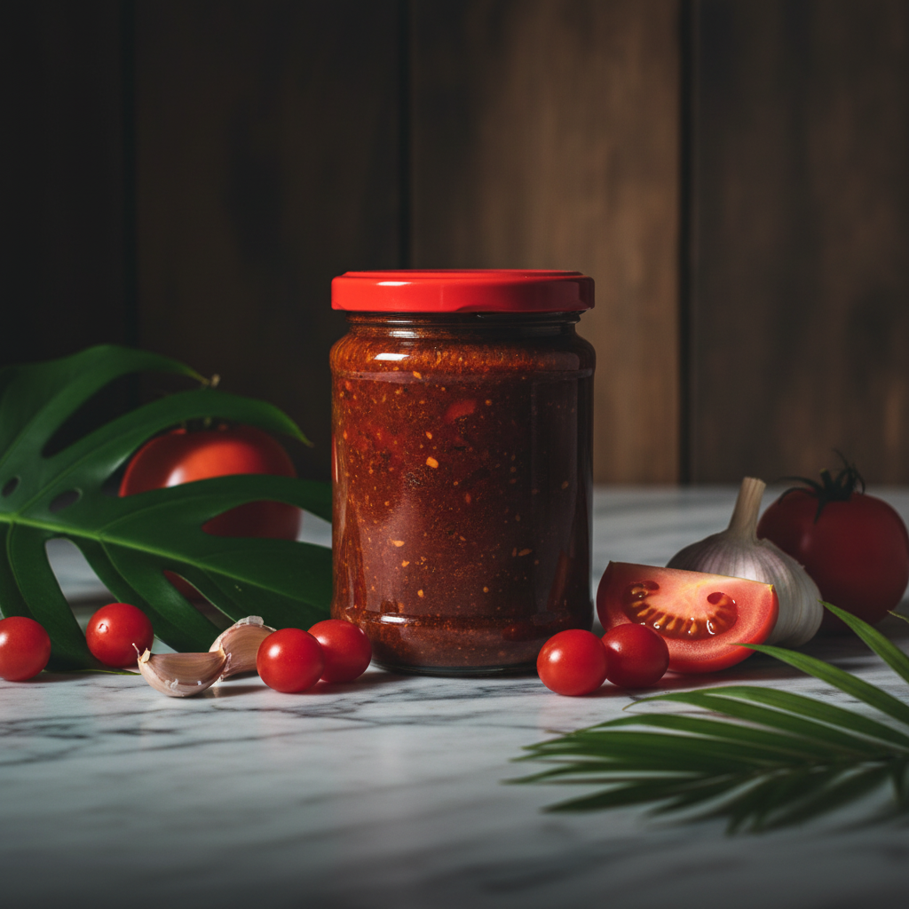 Buenas Gourmet Bagoong sauteed shrimp paste with tomato sauce jar styled with fresh tomatoes and garlic on marble surface