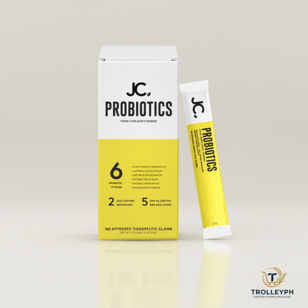 JC. Probiotics white and yellow box with a single-serve sachet and the TrolleyPH logo
