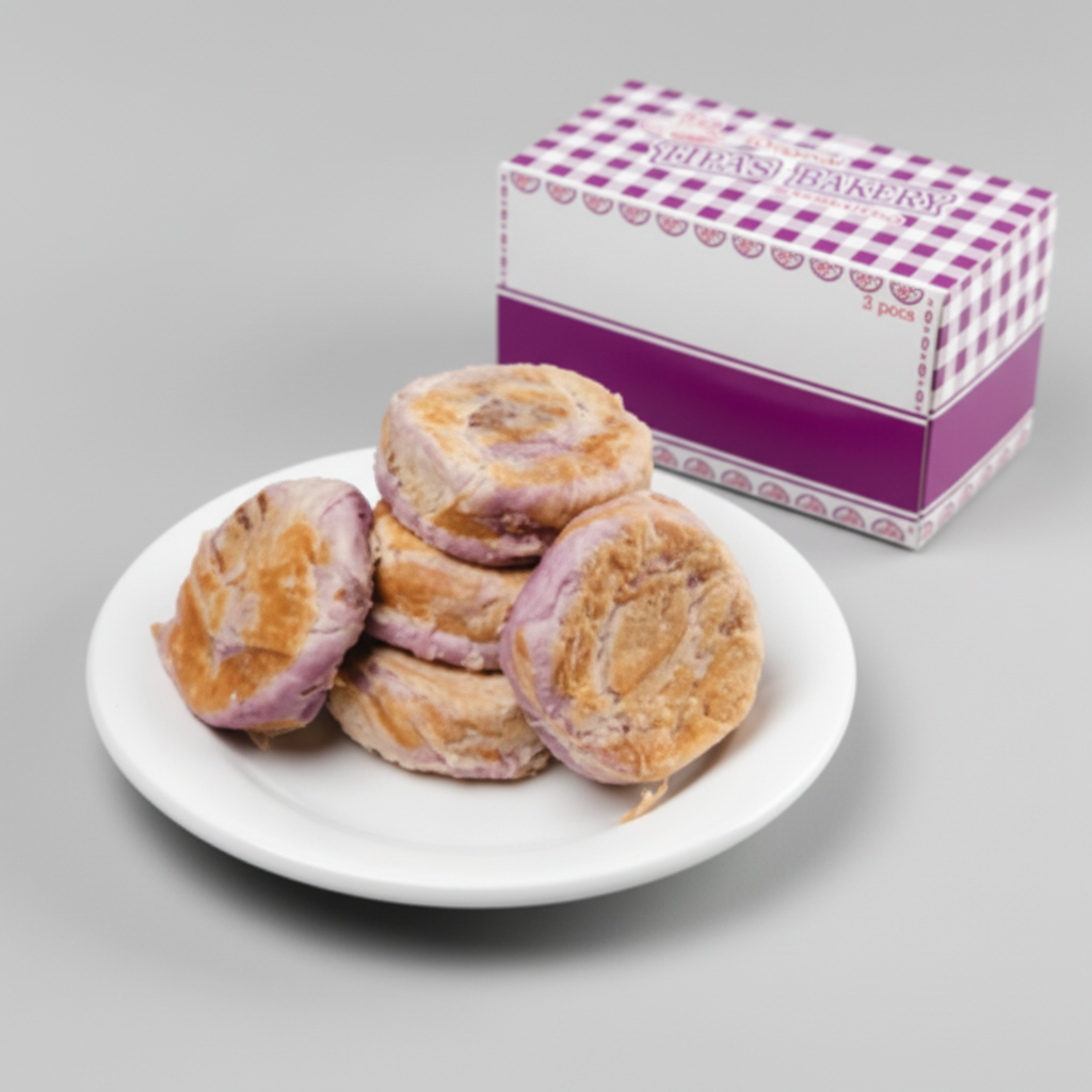 Filipino Hopia Ube pastries on a white plate with gift box