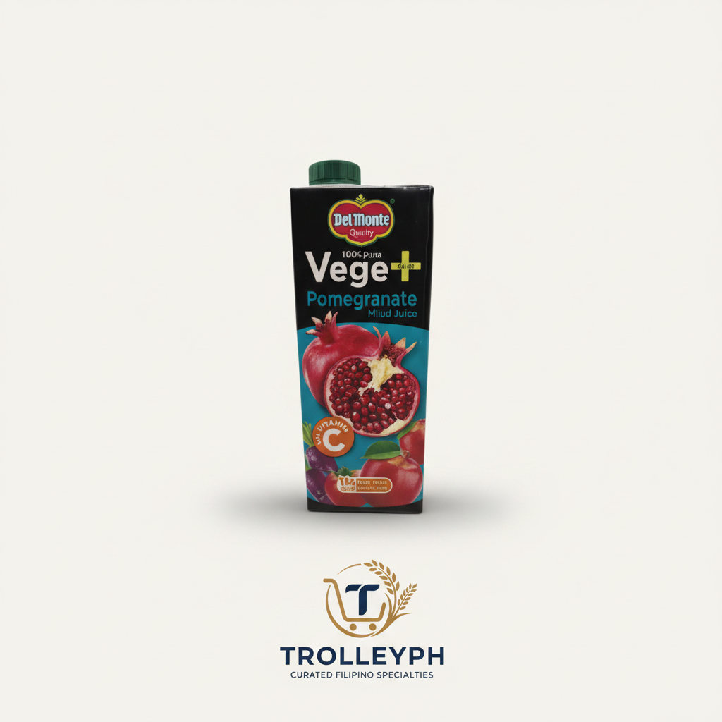 Del Monte Vege+ Pomegranate 750ml juice carton with the TrolleyPH logo beneath