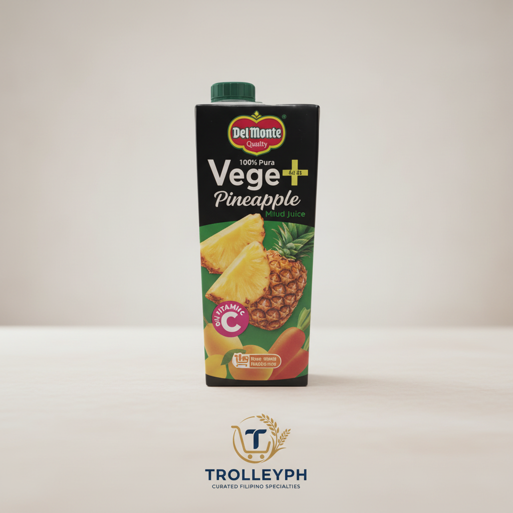 Del Monte Vege+ Pineapple 750ml juice carton with the TrolleyPH logo beneath