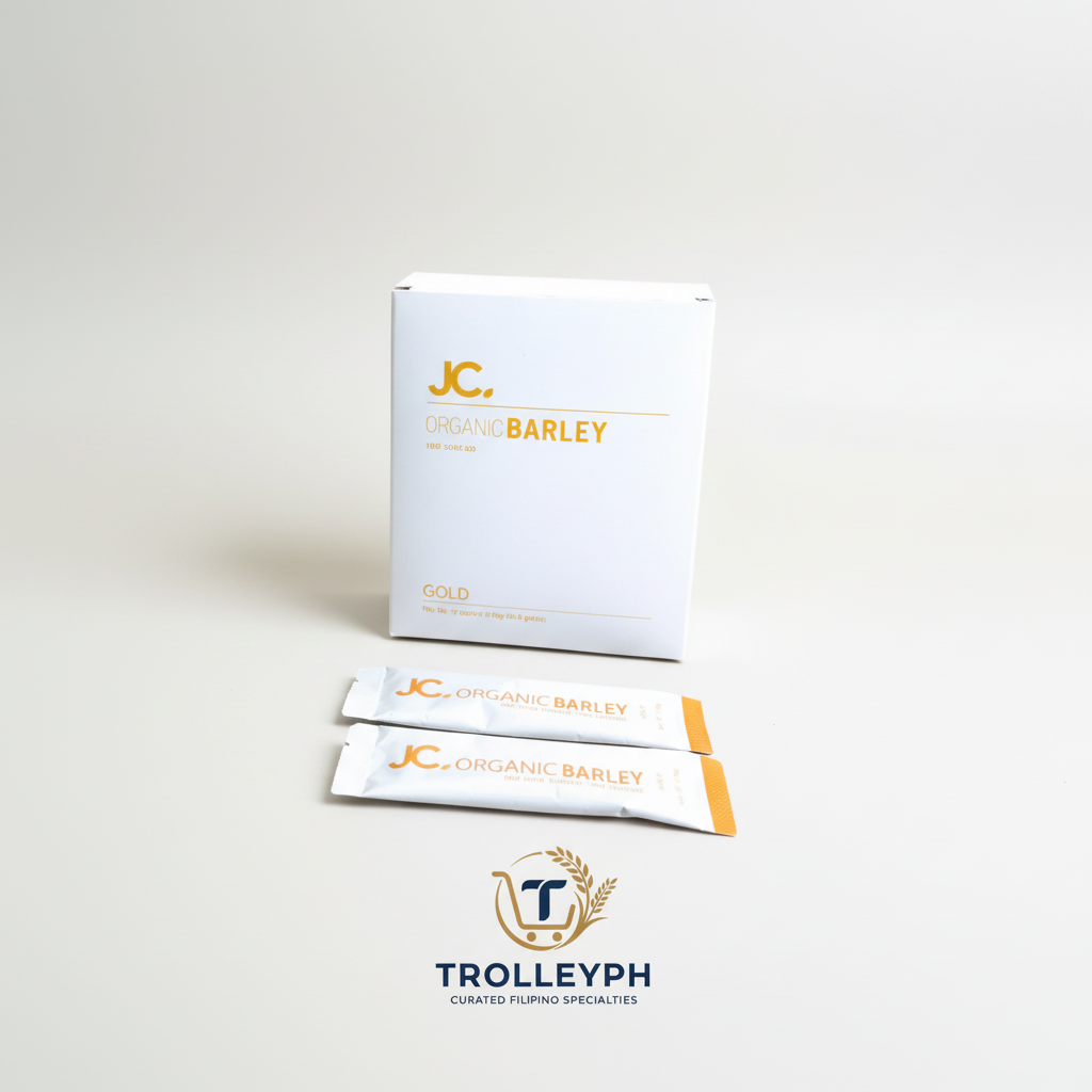 JC. Organic Barley Gold white box with two sachet sticks and the TrolleyPH logo beneath