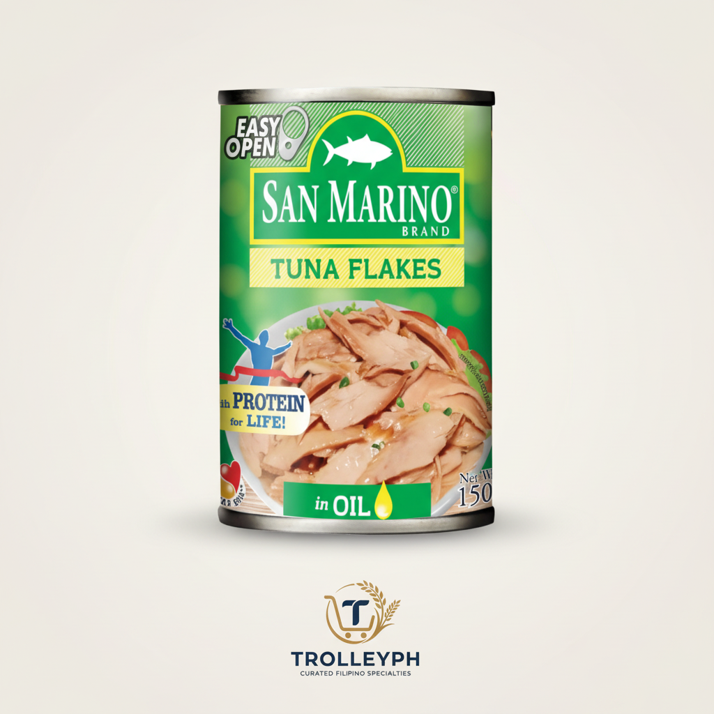 San Marino Tuna Flakes in Oil 150g easy-open can with the TrolleyPH logo beneath