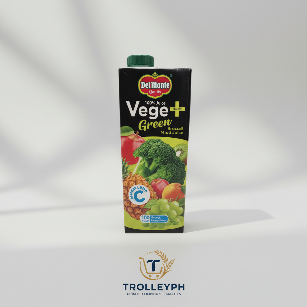 Del Monte Vege+ Green Broccoli 750ml juice carton with the TrolleyPH logo beneath
