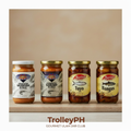 Four Filipino ulam jars: Navarro's Burong Dalag, Navarro's Burong Hipon, Marisco Tuyo and Marisco Bangus, with TrolleyPH branding